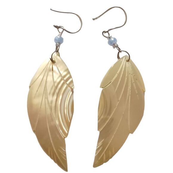 Mother of Pearl Leaf Dangle Earrings Beachy Coastal Silver Tone Pierced Bohemian - Picture 12 of 15